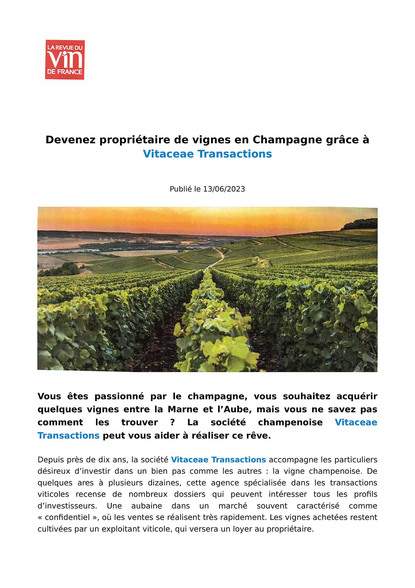Article de La Revue du vin de France sur Vitaceae Transactions