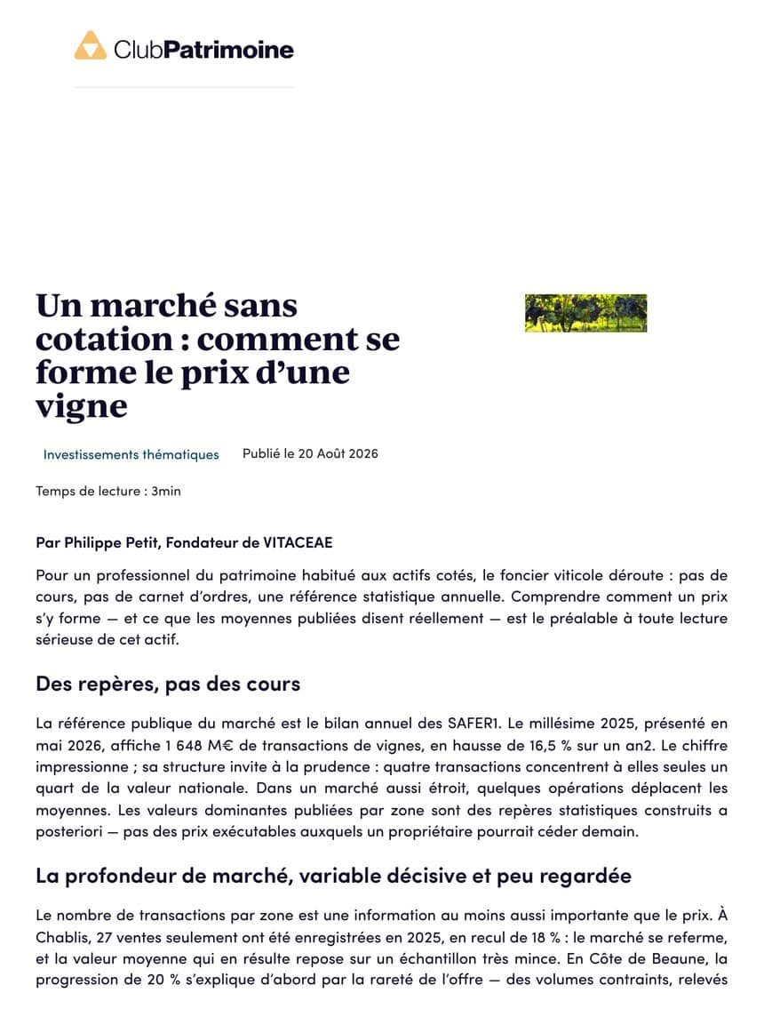 Article Club Patrimoine du 20 août 2026 signé Philippe Petit, fondateur de VITACEAE — Un marché sans cotation : comment se forme le prix d’une vigne