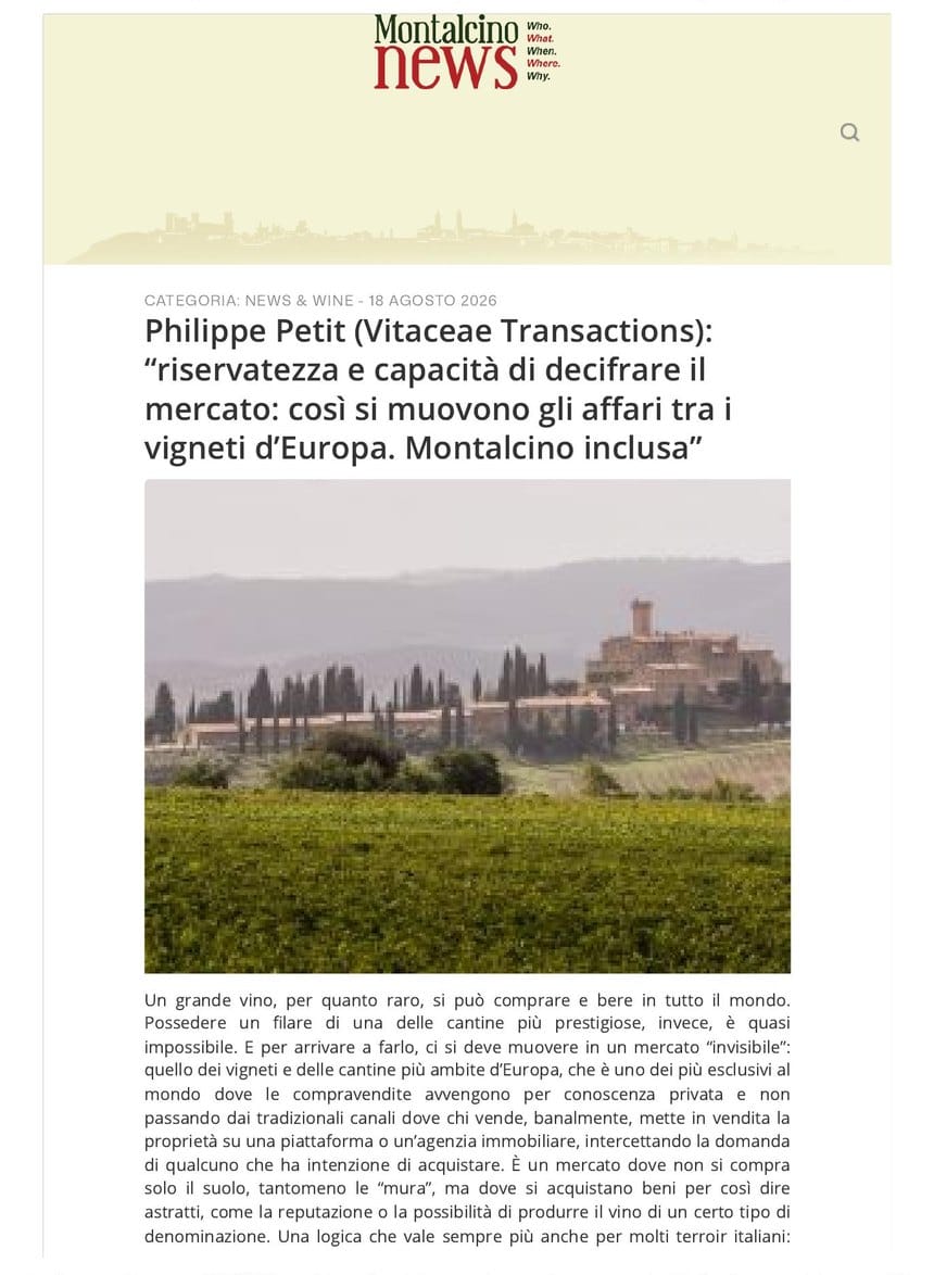 Article de MontalcinoNews citant Philippe Petit, VITACEAE, sur le marché off-market des grands vignobles européens et de Montalcino