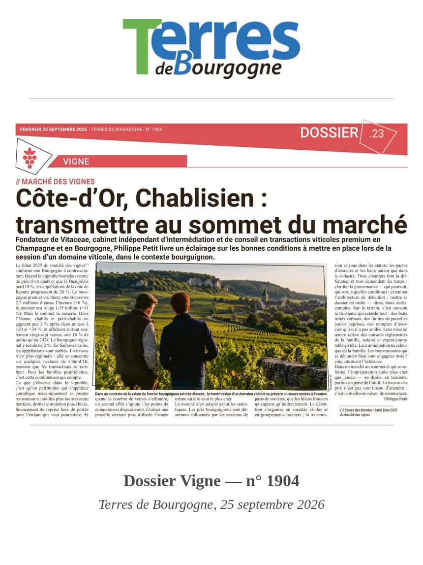 Tribune de Philippe Petit, fondateur de VITACEAE, dans Terres de Bourgogne — dossier Vigne du 25 septembre 2026